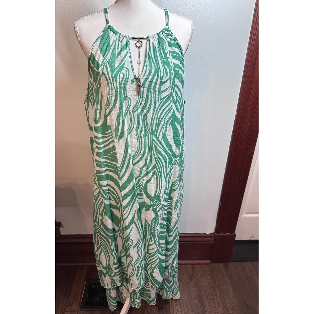 Mlle Gabrielle Green Zebra Print Halter Maxi Dress Hardware Tassel 2X